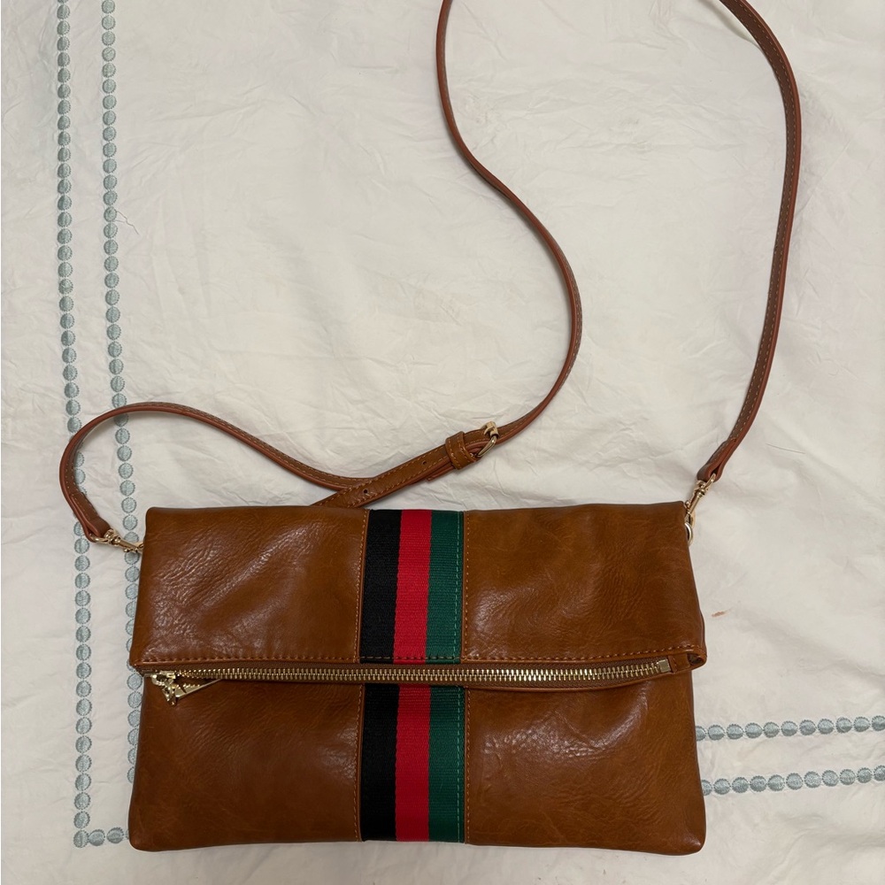 Elegant Tan Crossbody Bag with Stripe Detail